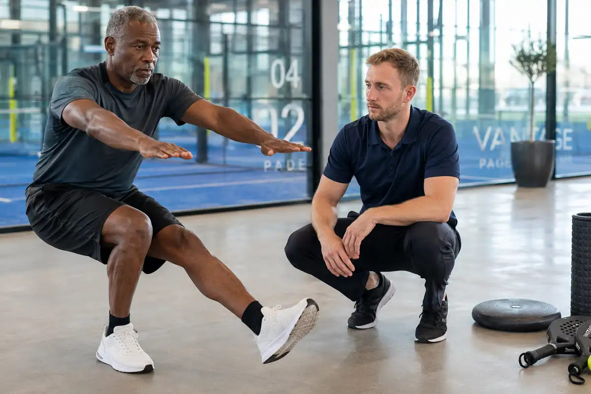 Sports physiotherapist David Ruth conducting a movement screening session at Dorset Sports Physio, Advantage Padel, Christchurch
