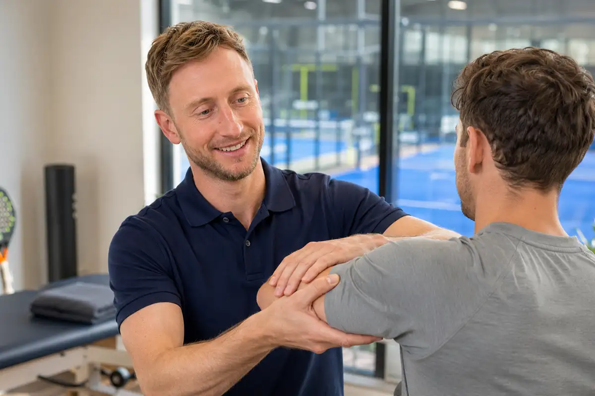 Sports physiotherapist David Ruth assessing a patient at Dorset Sports Physio, Advantage Padel, Christchurch
