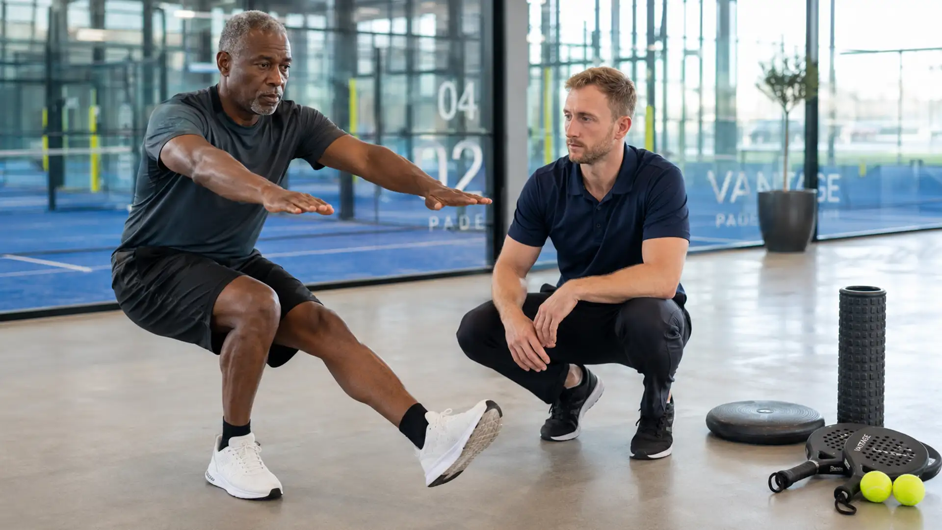 Sports physiotherapist David Ruth coaching a racquet sport player through a movement assessment at Advantage Padel, Christchurch, Dorset