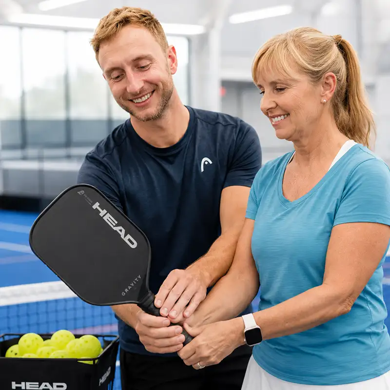 Beginner pickleball coaching session on indoor courts at Advantage Padel, Christchurch, Dorset