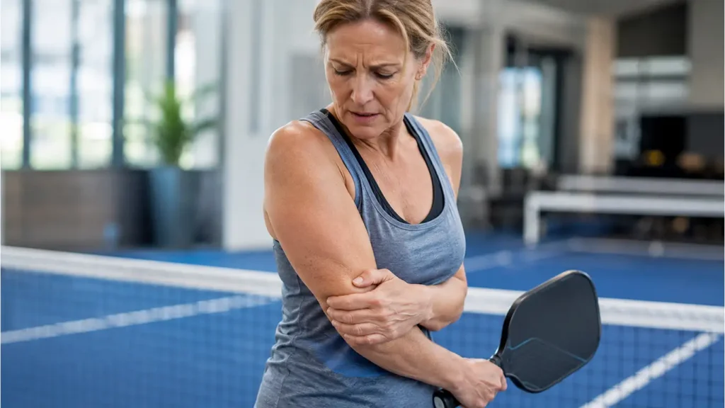 Close-up of a pickleball player's grip on a paddle, illustrating the cause of tennis elbow