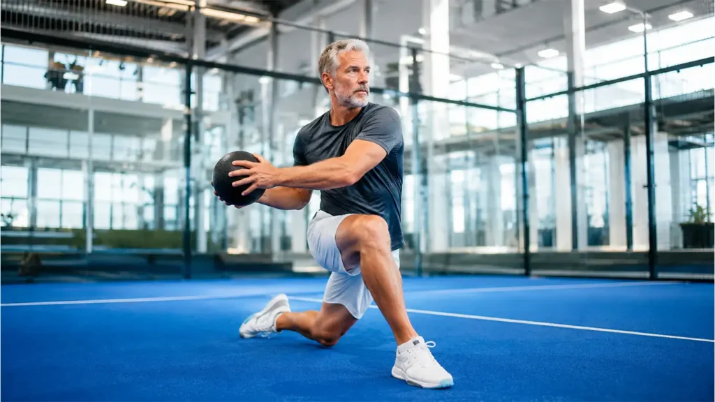 Athlete performing a dynamic mobility warm-up exercise before a racquet sport session