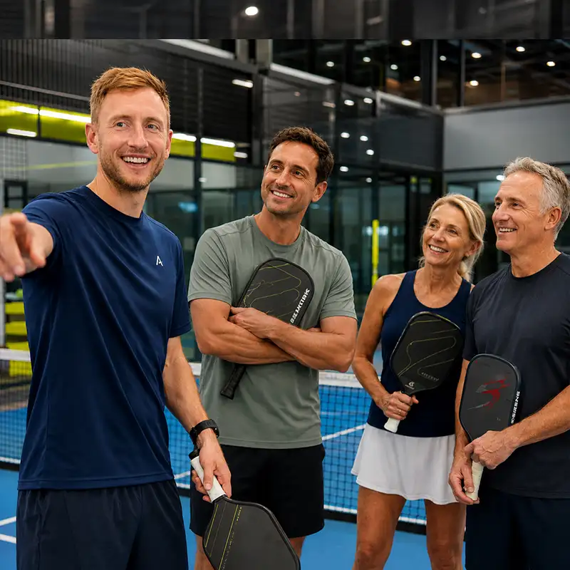 Small group pickleball coaching session at Advantage Padel, Mudeford